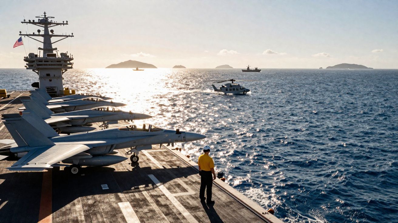 Porta-aviões com caças na pista, um homem de uniforme amarelo, helicóptero no mar e ilhas ao fundo ao pôr do sol.