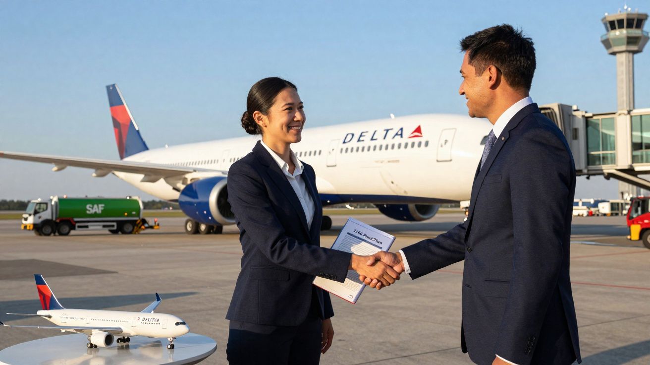 Dois profissionais de uniforme formal a cumprimentar-se em aeroporto com avião Delta ao fundo.