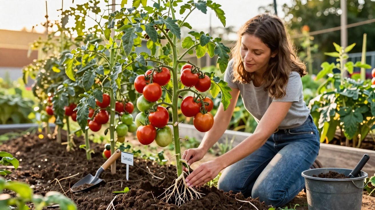 Mulher a cuidar de plantas de tomateiros com frutos maduros num jardim urbano ao pôr do sol.