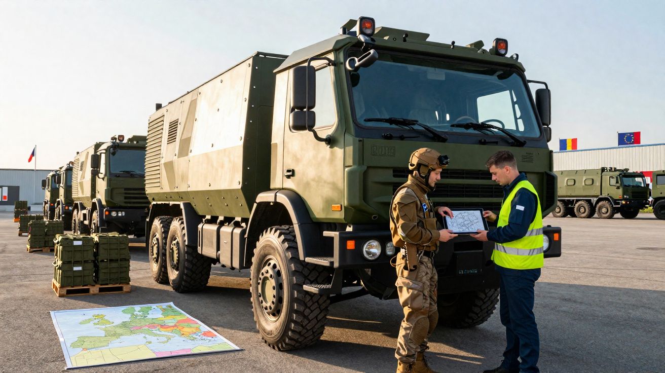 Militar e civil com colete refletor analisam mapas ao lado de camiões militares camuflados em base aérea.