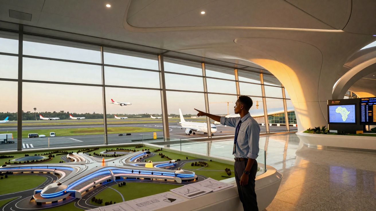 Homem observa e indica avião a descolar numa sala ampla de aeroporto com modelo arquitetónico e ecrã de informações.