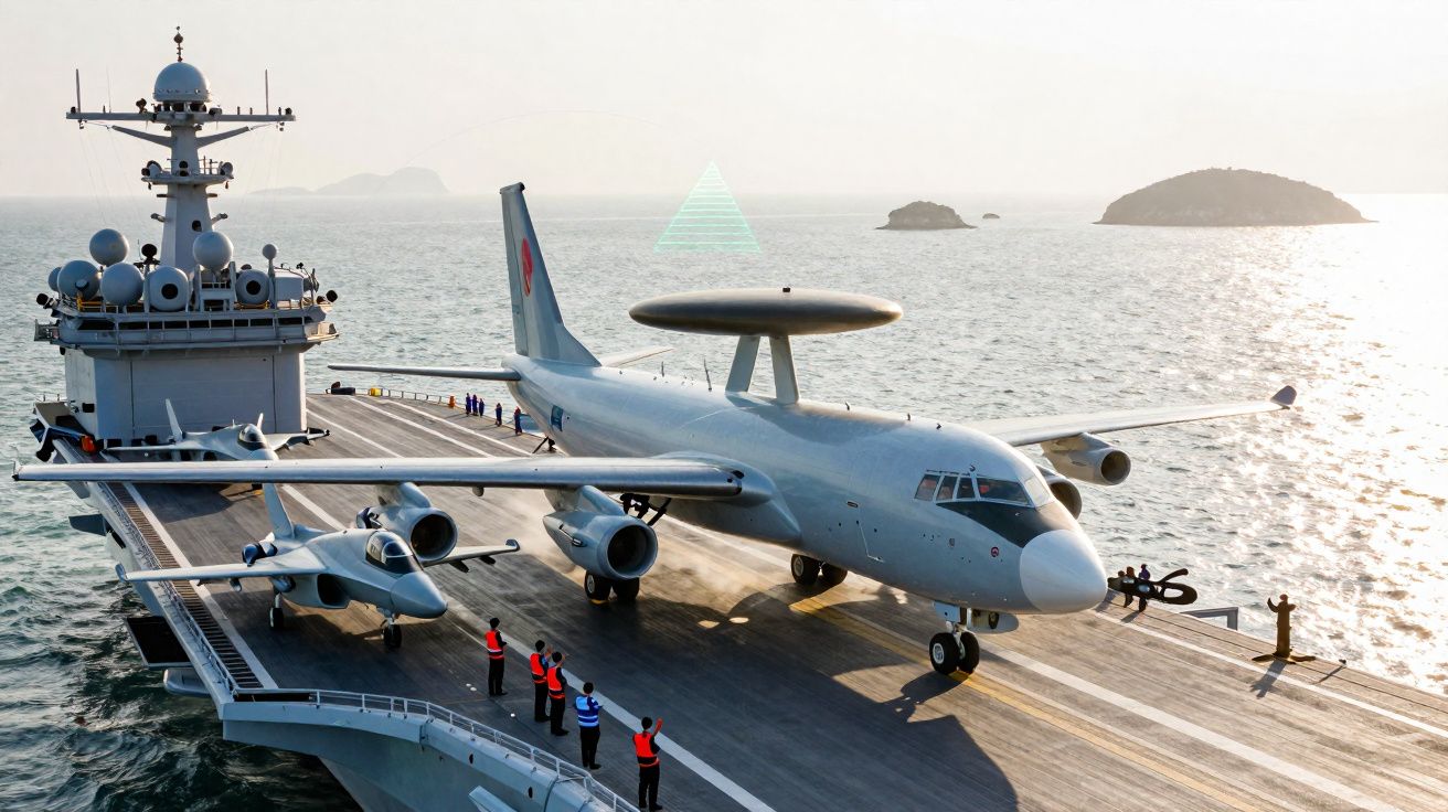 Porta-aviões no mar com dois aviões militares estacionados no convés ao pôr do sol.