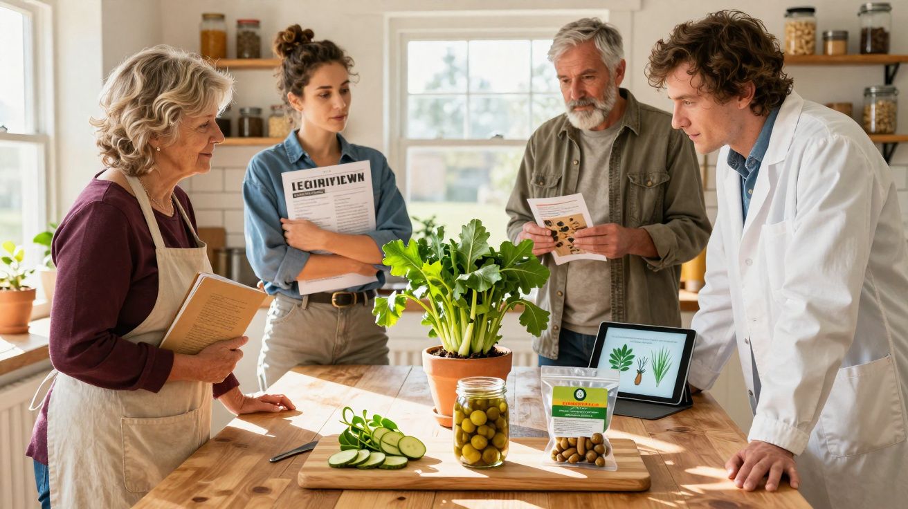 Grupo de pessoas discute plantas medicinais e alimentos naturais numa cozinha iluminada.