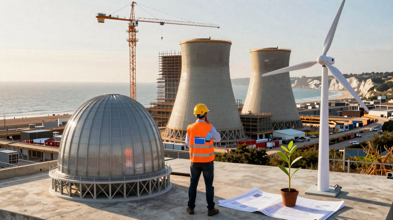 Engenheiro com colete e capacete observa central nuclear em construção, turbina eólica e planta numa mesa.
