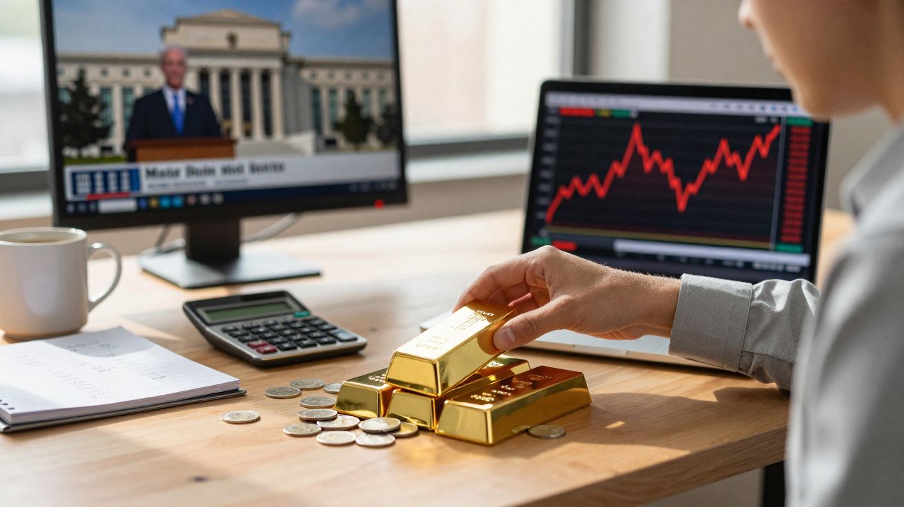 Pessoa a segurar barras de ouro junto a moedas com ecrãs de mercado financeiro ao fundo.