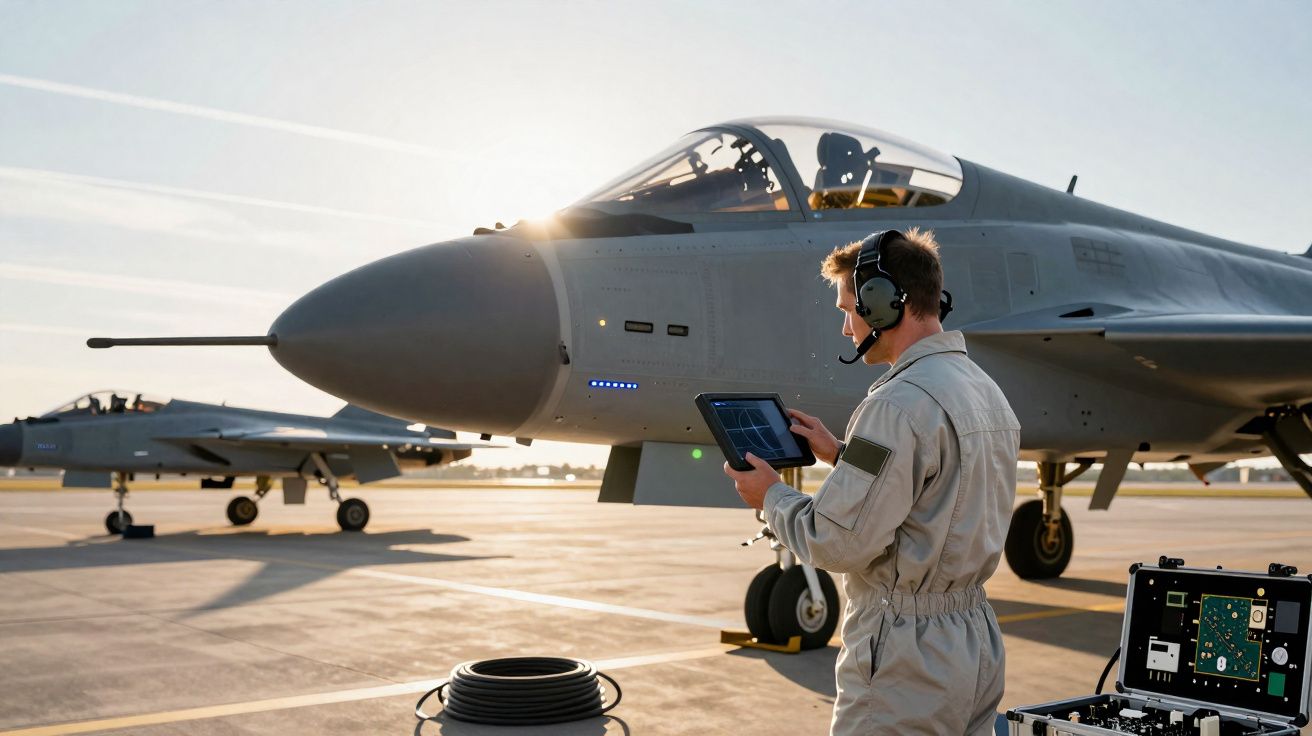 Piloto militar com headset e tablet ao lado de dois aviões de caça numa pista ao pôr do sol.