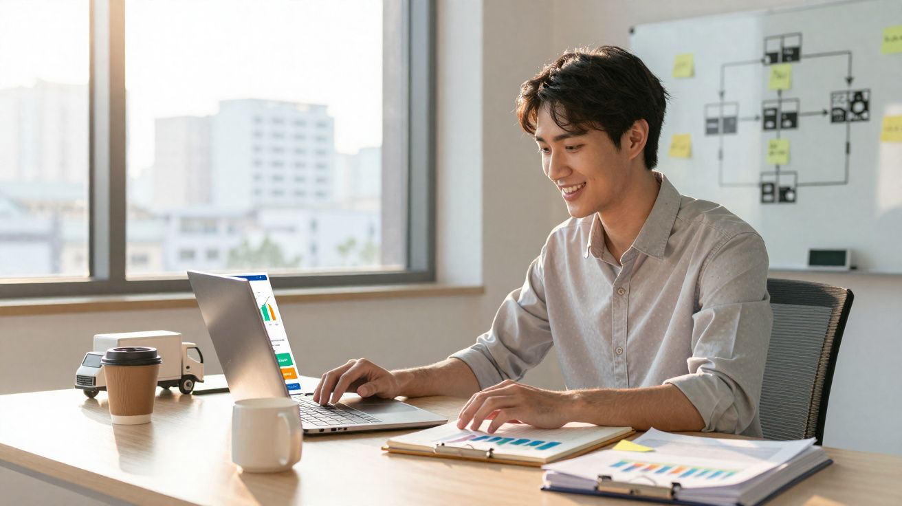 Jovem a trabalhar num escritório moderno com portátil, documentos e café numa mesa junto à janela.