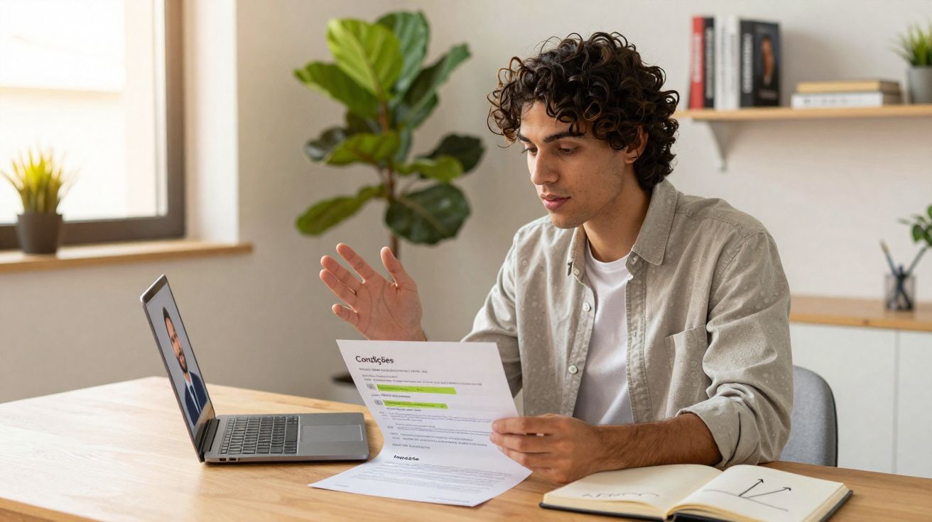 Jovem a participar numa videochamada, com caderno aberto e documento na mão, numa sala iluminada e decorada.