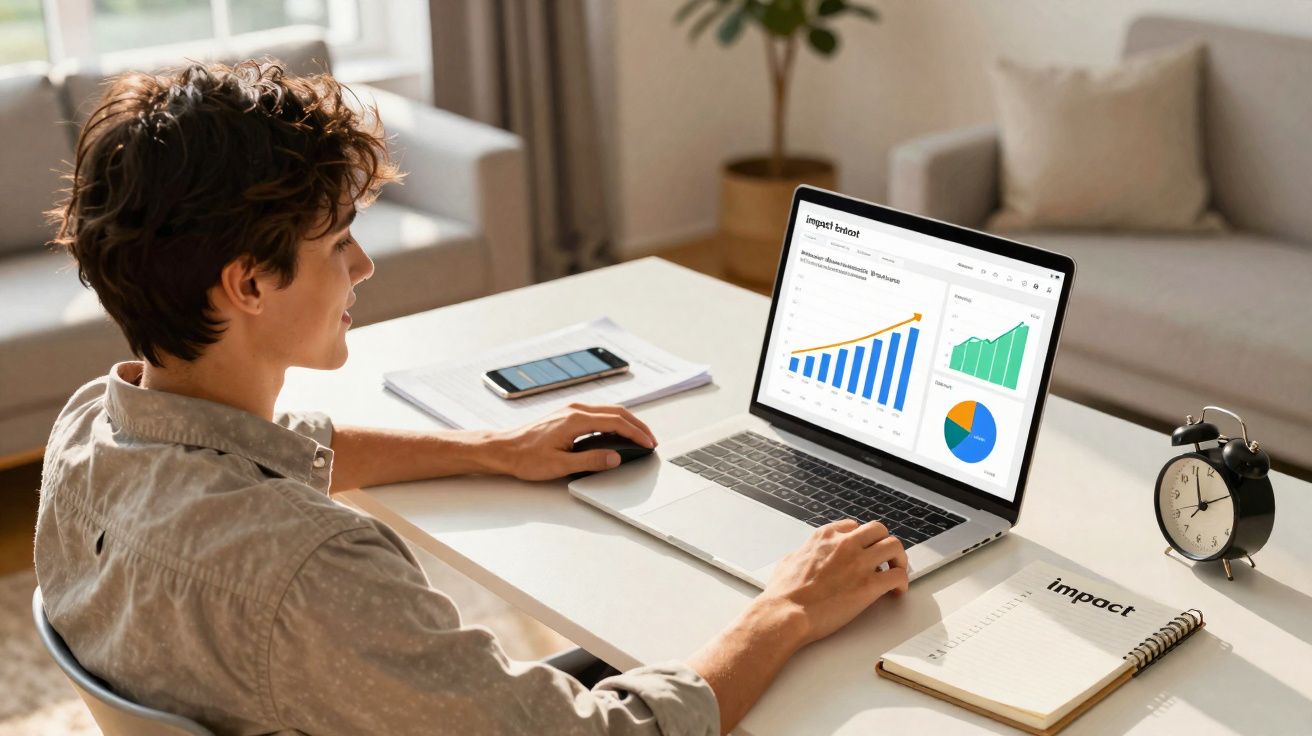 Pessoa jovem a analisar gráficos financeiros num portátil, com caderno, telemóvel e relógio de mesa numa secretária.