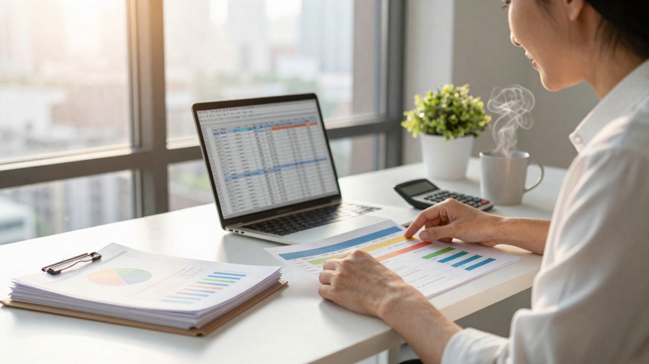 Pessoa a analisar gráficos e tabelas numa secretária com computador portátil, calculadora e chá quente.