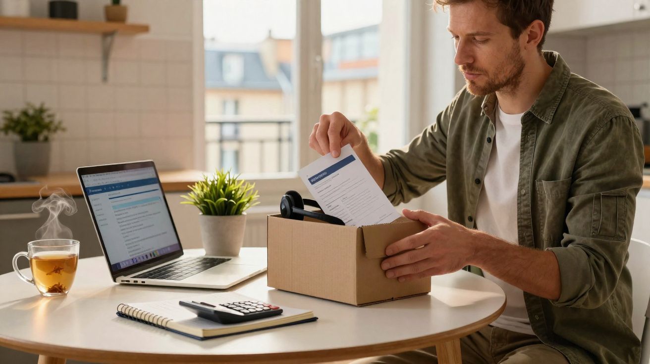 Homem sentado a organizar documentos numa caixa na mesa com portátil, chá, calculadora e caderno.