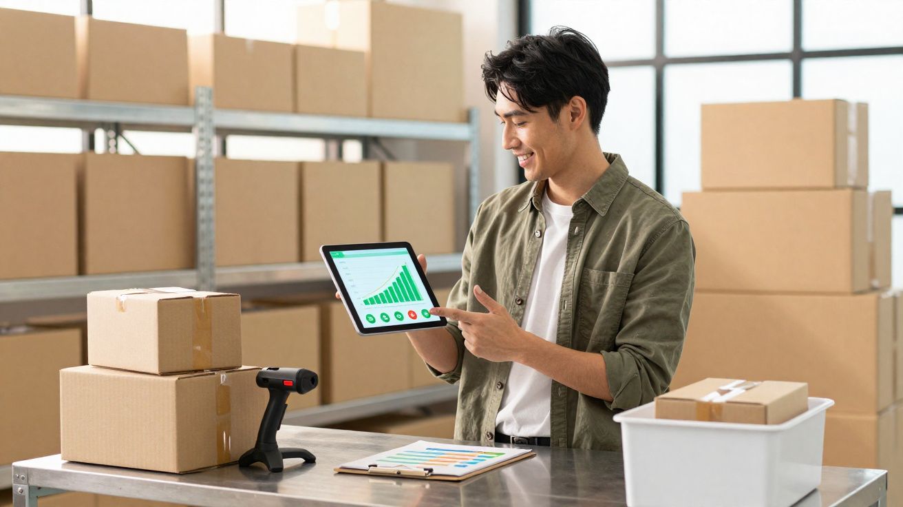Homem mostra gráfico de crescimento num tablet numa embalagem de armazém com várias caixas de papelão.
