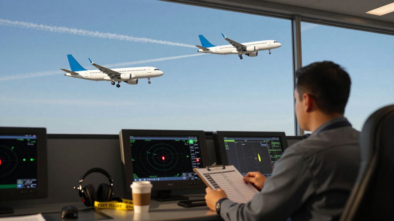 Controlador aéreo numa torre observa dois aviões com caudas azuis a aproximarem-se para aterragem.