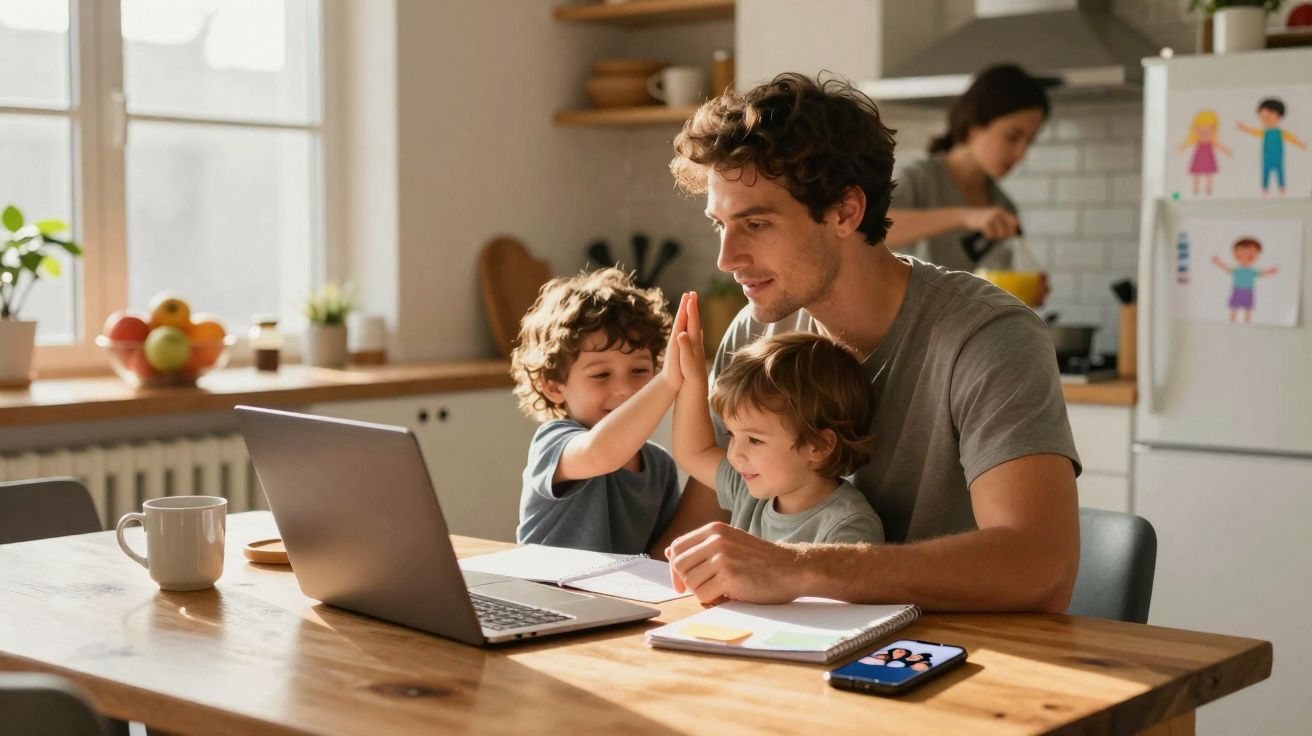 Pai ajuda dois filhos a estudar com computador numa cozinha moderna enquanto mãe cozinha ao fundo.