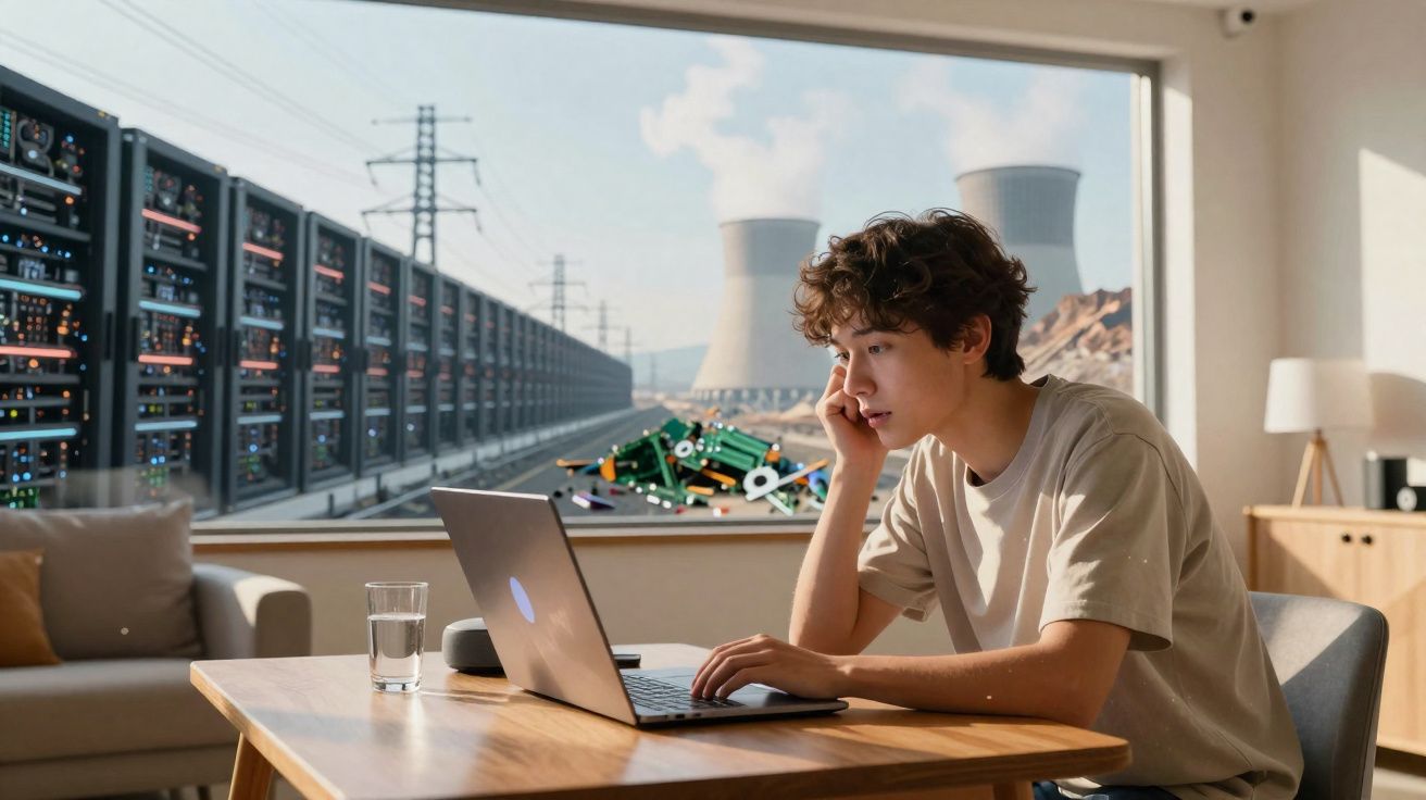 Pessoa jovem a trabalhar num portátil numa sala com janela ampla, vista para central elétrica e servidores.