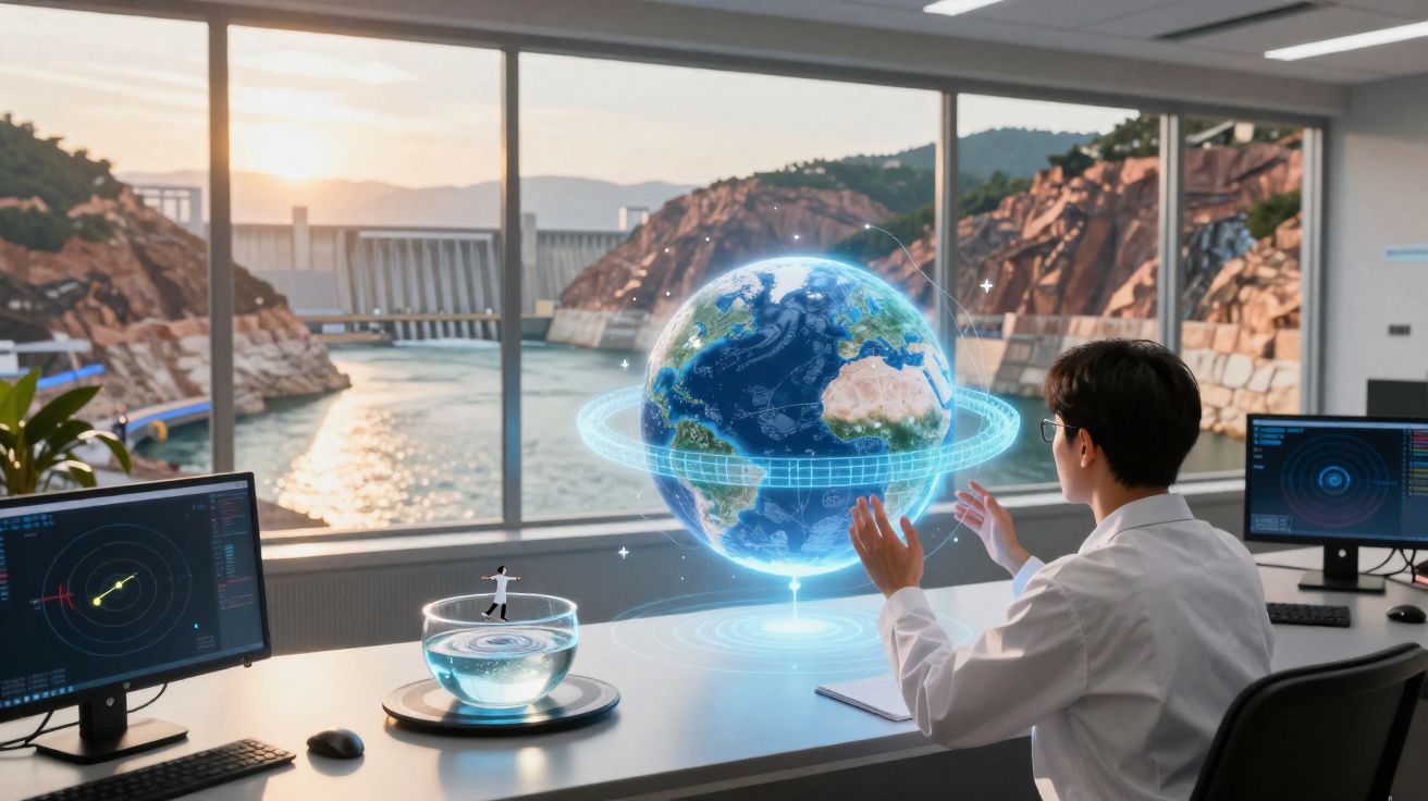 Cientista num laboratório com holograma do planeta Terra, vista de represa e montanhas ao fundo.