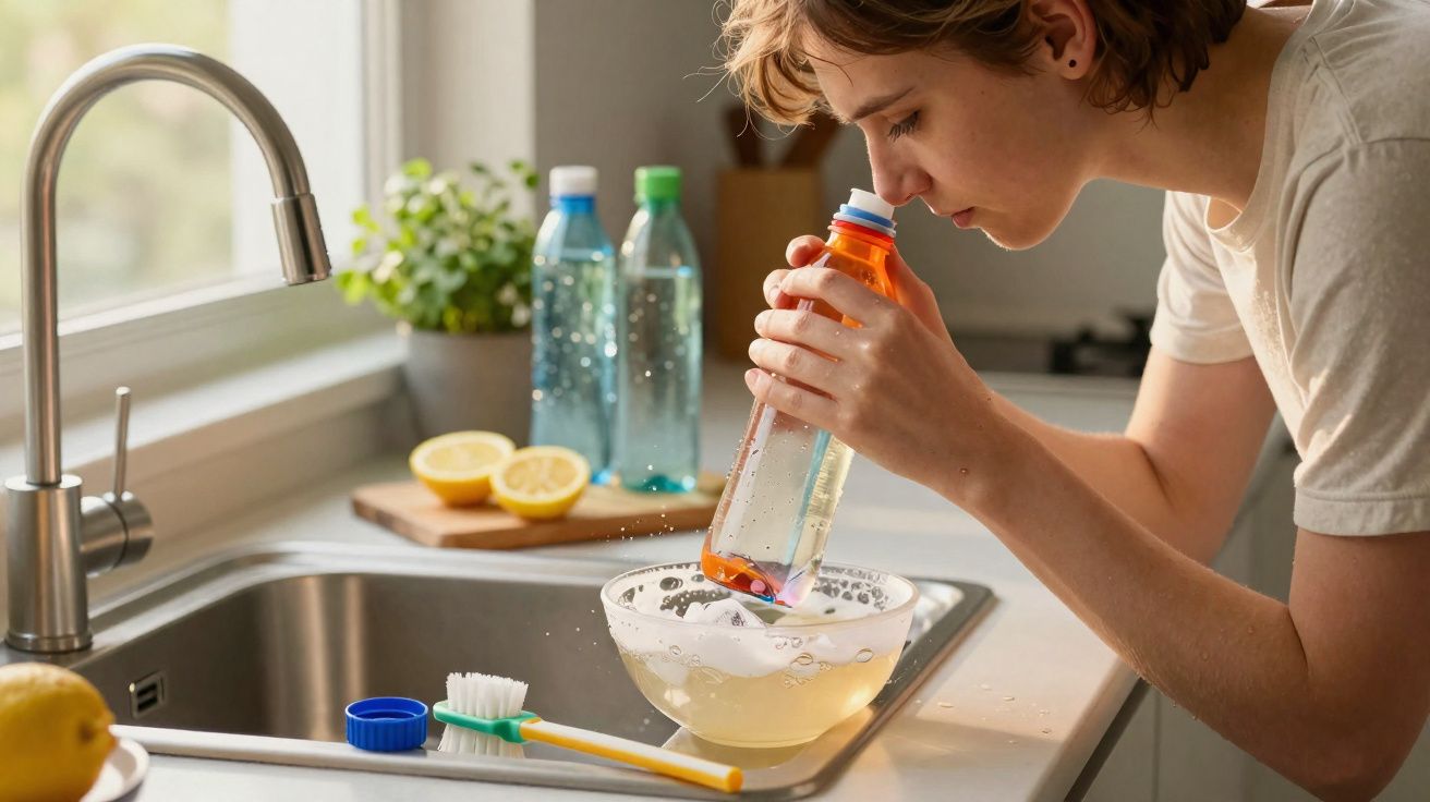 Pessoa a limpar uma escova de dentes com líquido numa tigela junto a uma pia na cozinha.