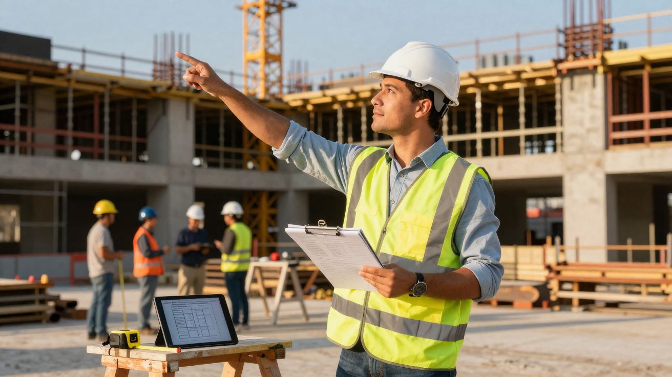 Engenheiro com colete e capacete branco aponta enquanto trabalha numa obra em construção.