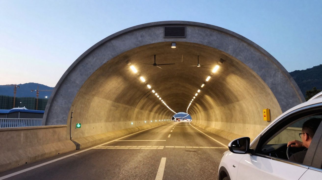 Entrada de túnel iluminado ao entardecer com um carro branco parado à direita da imagem.