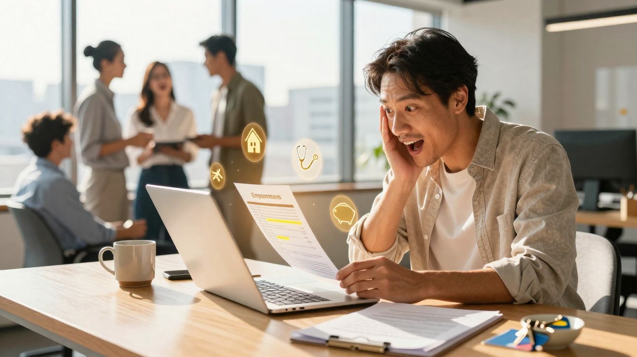 Homem surpreendido a consultar documento de despesas na mesa de escritório com colegas ao fundo.