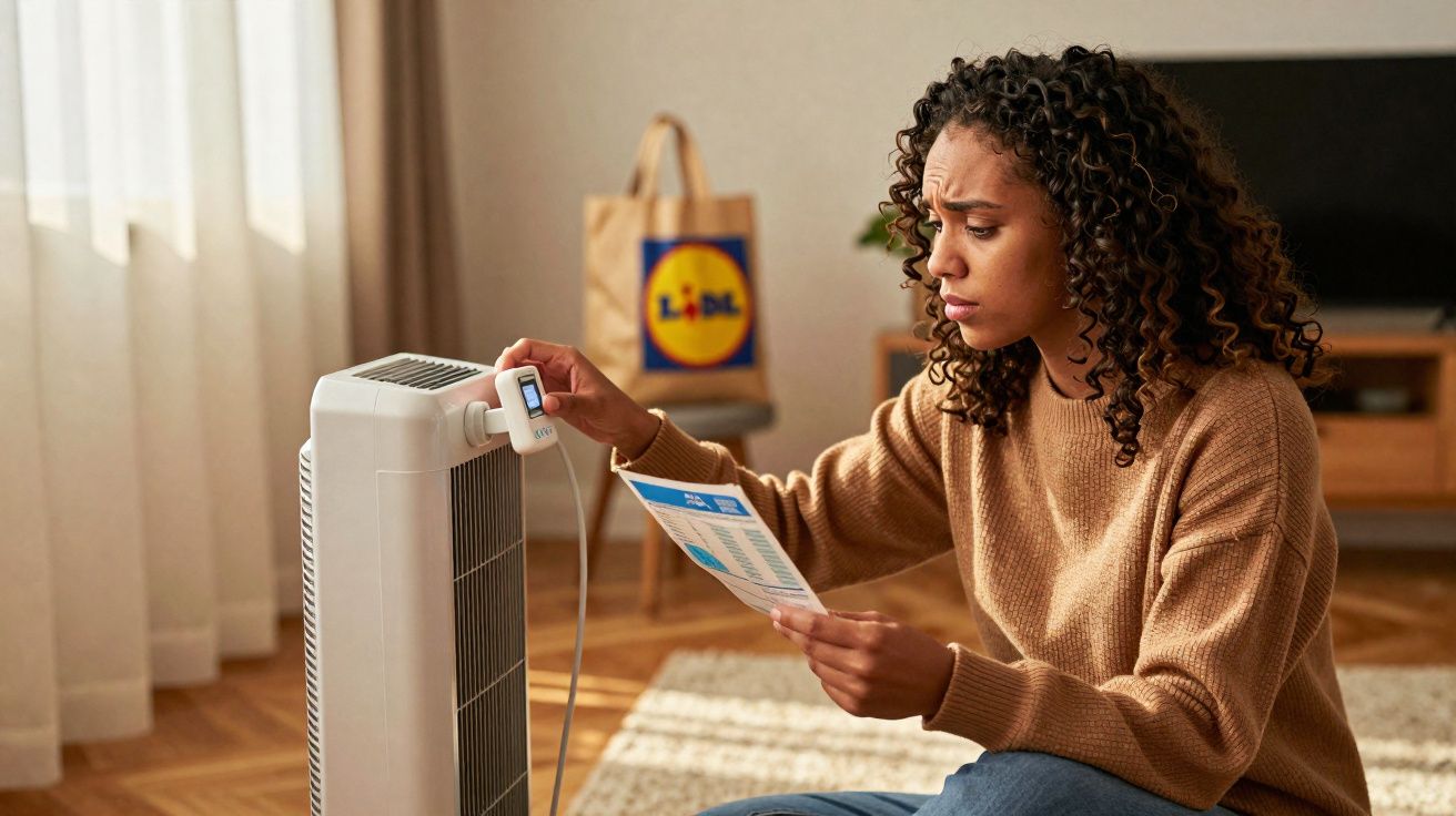 Mulher sentada, a ajustar um aquecedor elétrico com controlo remoto, lendo instruções numa sala iluminada.