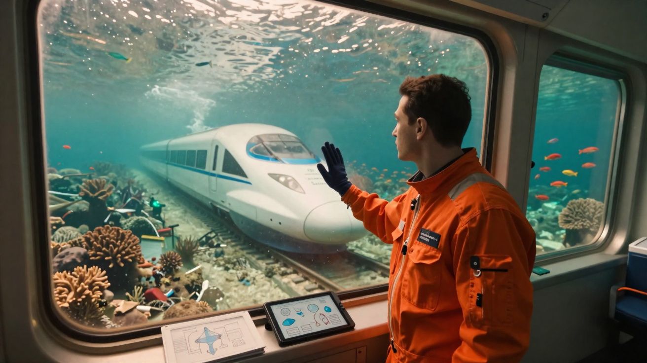 Homem em roupa laranja observa comboio de alta velocidade a circular debaixo de água junto a corais e peixes.