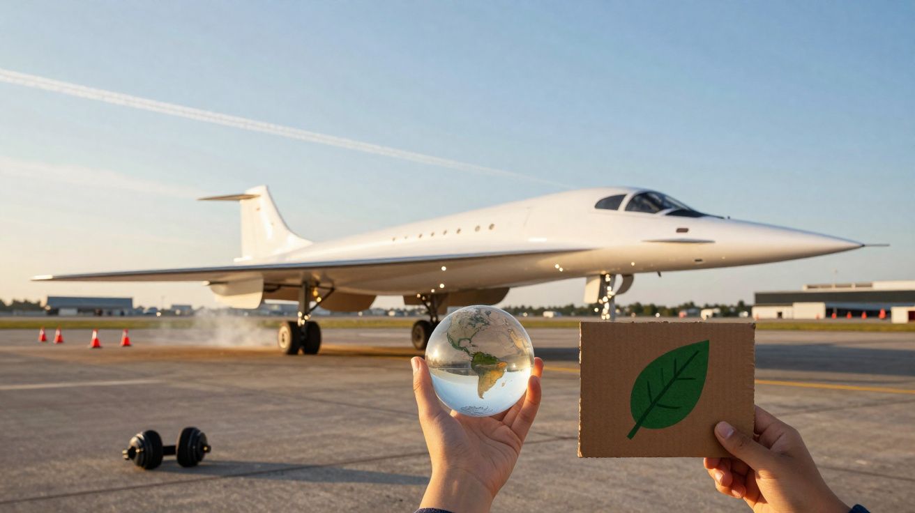 Mão segura globo terrestre e placa com folha à frente de avião a jato num aeroporto ao pôr do sol.