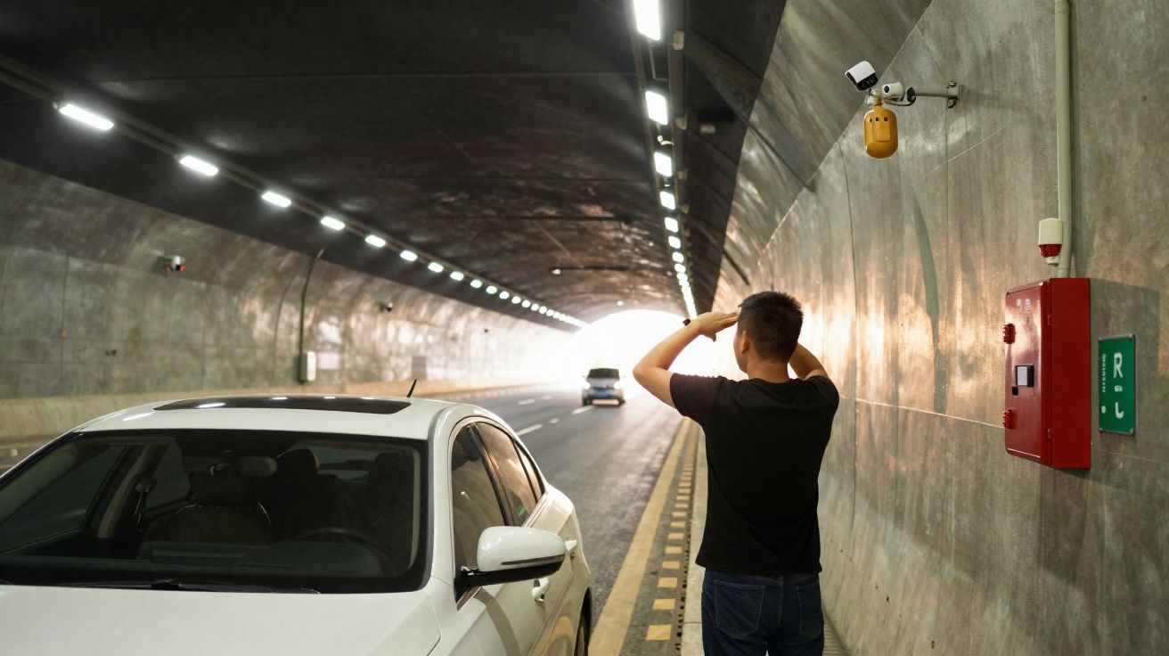 Homem de pé junto a carro branco dentro de túnel iluminado, olhando para longe com mão na cabeça.