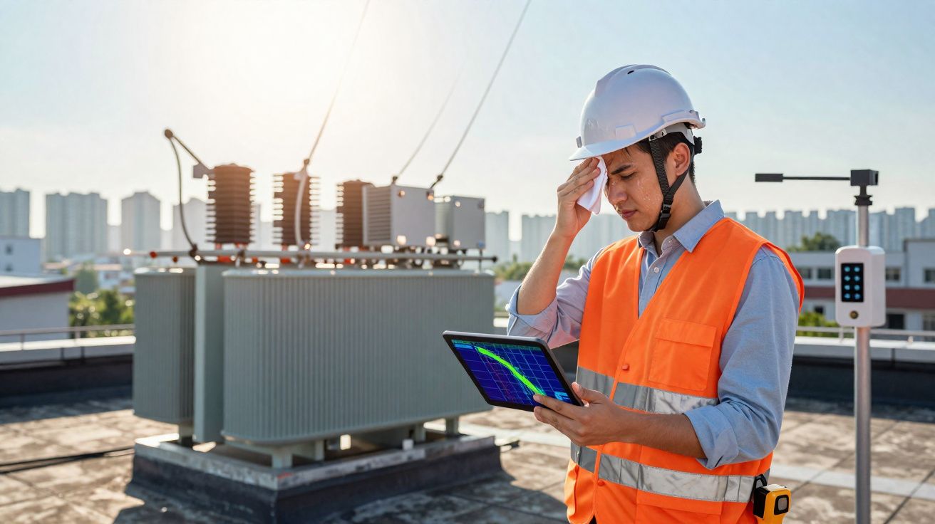 Engenheiro elétrico com colete e capacete a analisar dados num tablet junto a equipamento elétrico na cobertura.