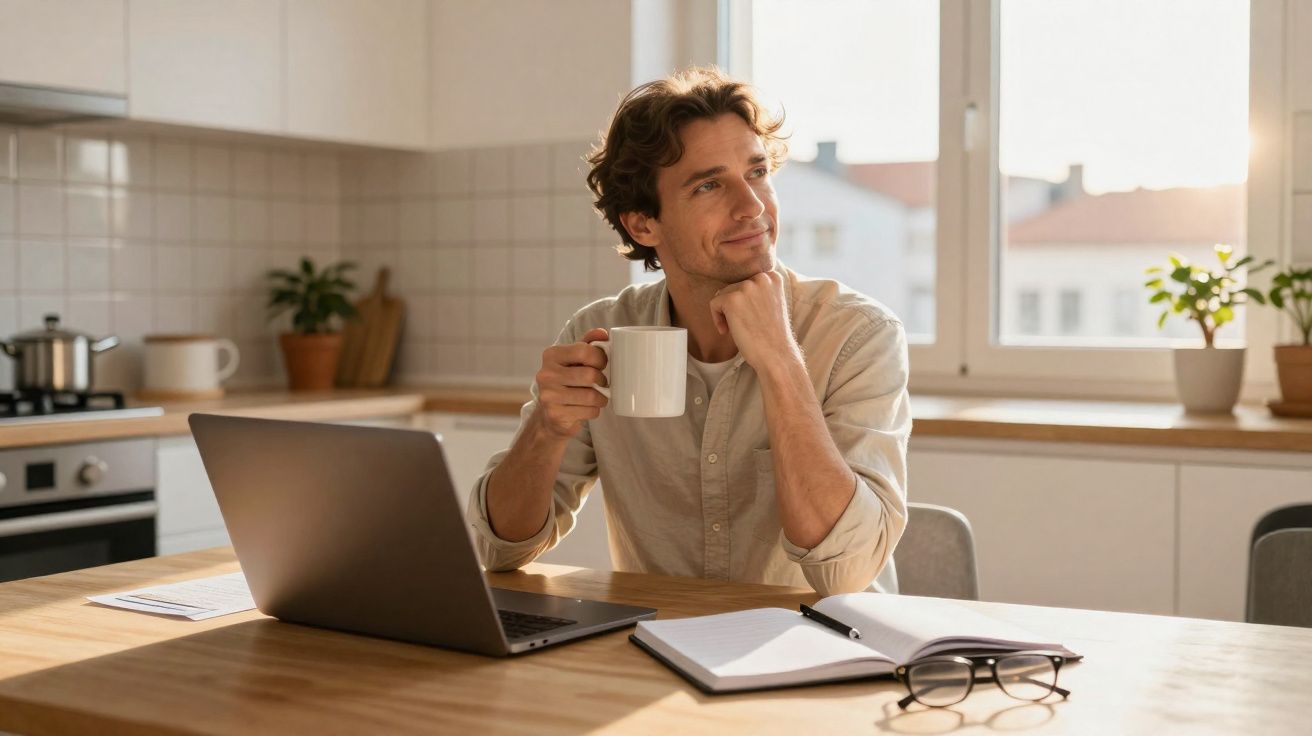 Homem sentado à mesa com portátil e caderno, a beber café e olhar pensativo numa cozinha iluminada.