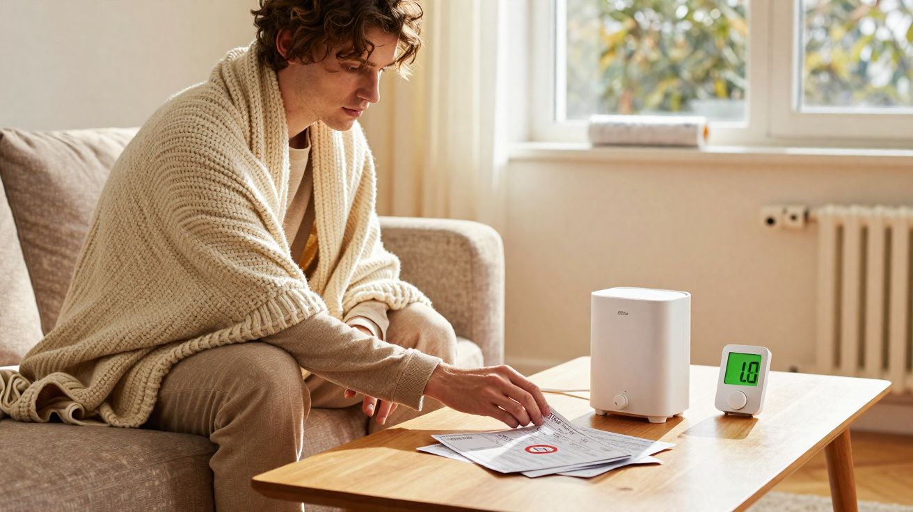 Homem sentado no sofá ajusta termóstato numa mesa com documentos num ambiente luminoso.
