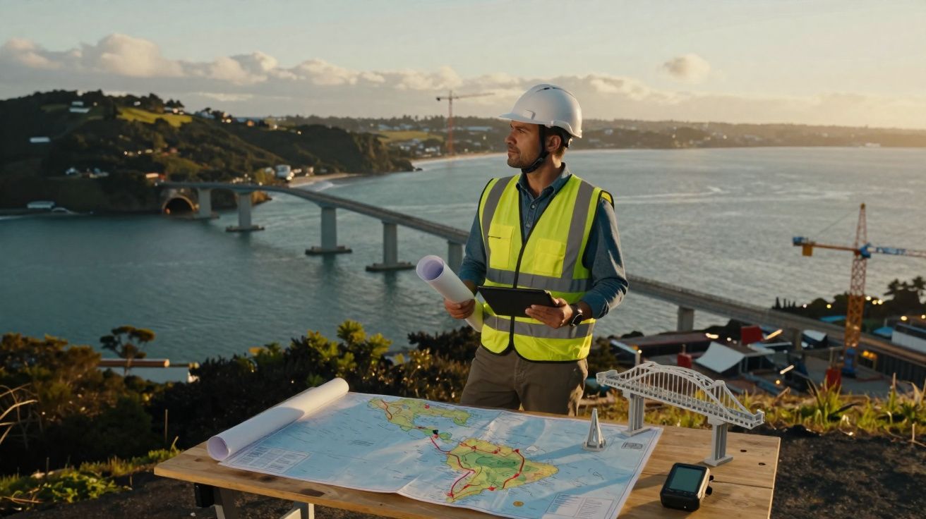 Engenheiro com colete e capacete a analisar mapas e maquete junto a um rio com ponte ao fundo ao pôr do sol.