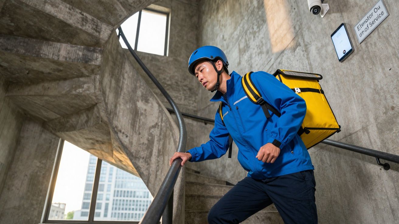 Entregador com capacete e mochila térmica azul sobe escadas num prédio de cimento.
