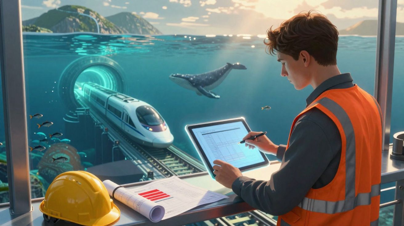 Engenheiro a trabalhar num tablet perto de comboio a passar por túnel submarino com baleia ao fundo.