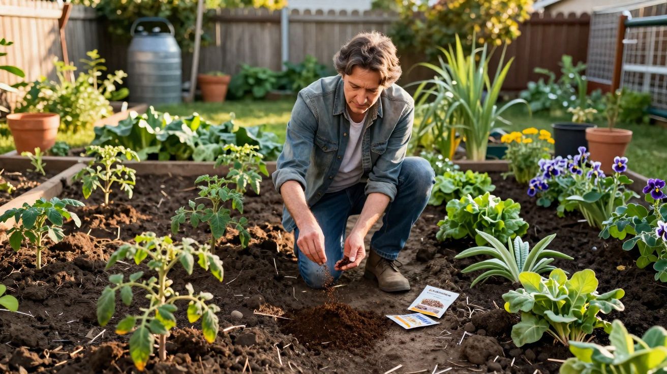 Homem ajoelhado a plantar sementes numa horta caseira com várias plantas e flores ao redor.