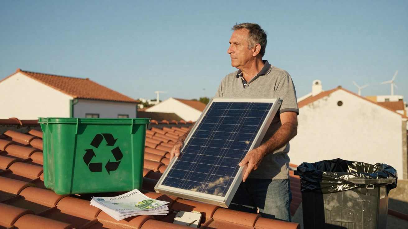Homem numa cobertura segura painel solar com caixote de reciclagem verde e caixote do lixo preto ao lado.