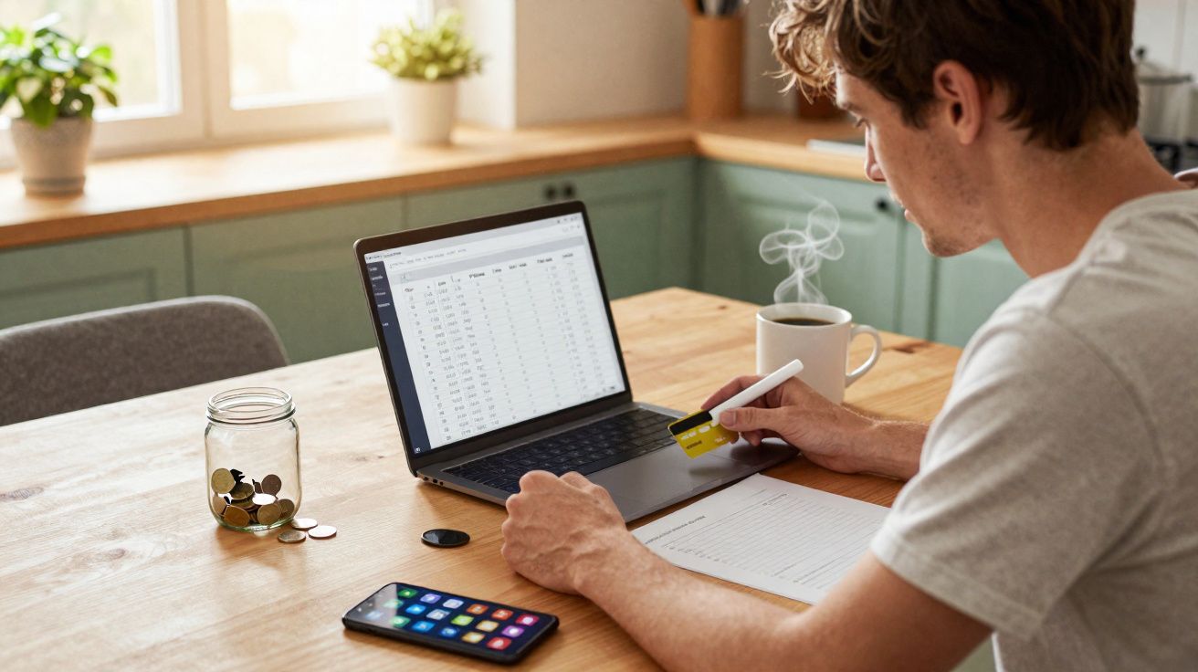 Homem a usar um cartão de crédito junto a computador portátil, telemóvel, caderno e jarro de moedas numa mesa.