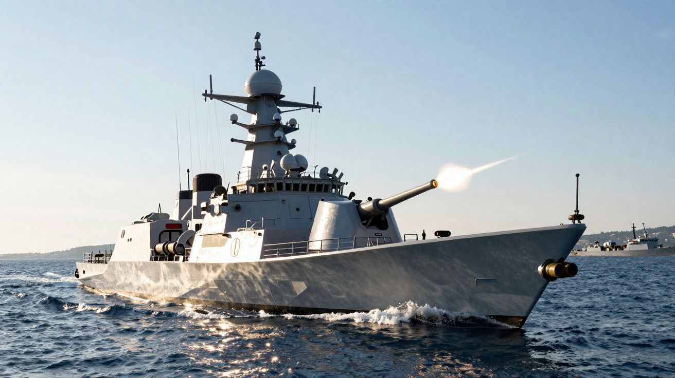 Fragata militar a disparar canhão sobre o mar ao entardecer com céu limpo e outras embarcações ao fundo.