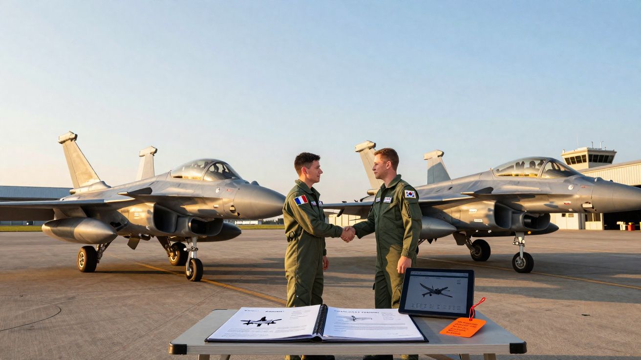 Dois pilotos militares apertam as mãos em pista com dois caças atrás e documentos numa mesa à frente.