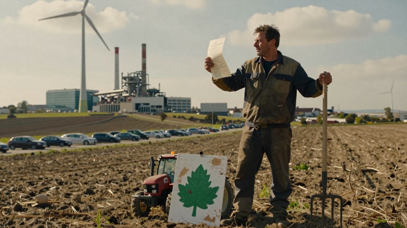 Agricultor com tridente e papel numa mão, campo arado, placa com folha verde e parque eólico ao fundo.