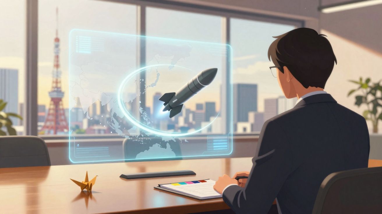 Homem de fato sentado numa mesa em escritório a analisar projeção holográfica de um míssil.