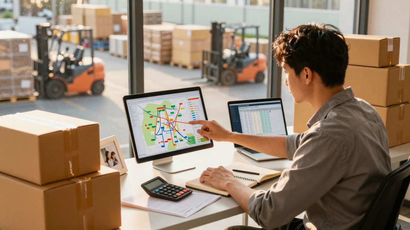Homem a analisar rotas num mapa num computador, numa área de armazém com empilhadores e caixas.