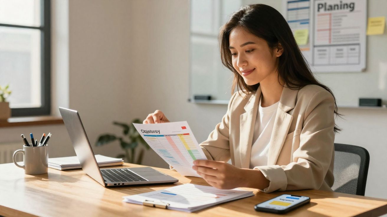 Mulher a trabalhar num escritório lê documento colorido com laptop aberto sobre a secretária.