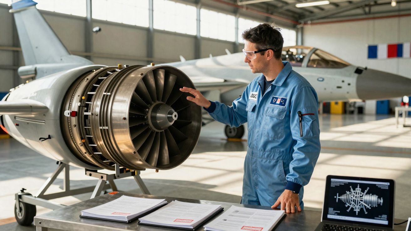Homem em macacão azul inspeciona motor de avião numa oficina com documentos e portátil ao lado.