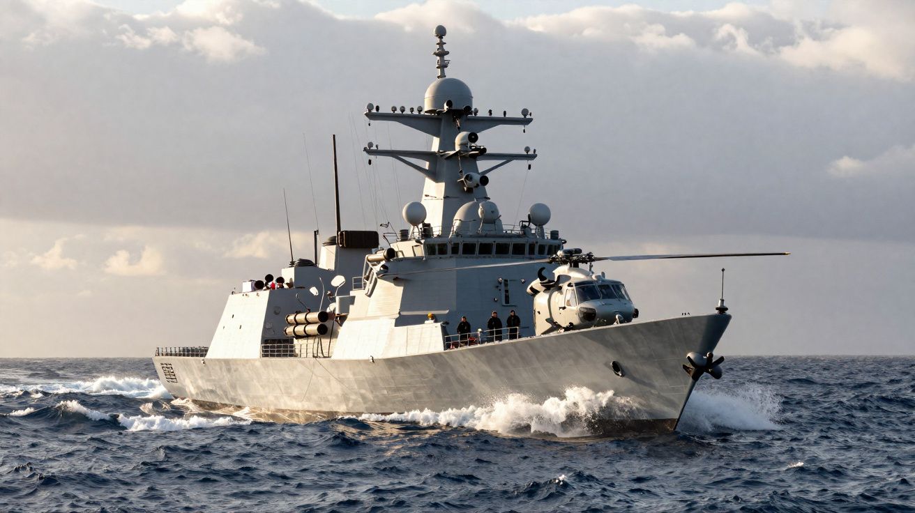 Navio de guerra militar a navegar no mar com tripulantes no convés sob céu nublado.