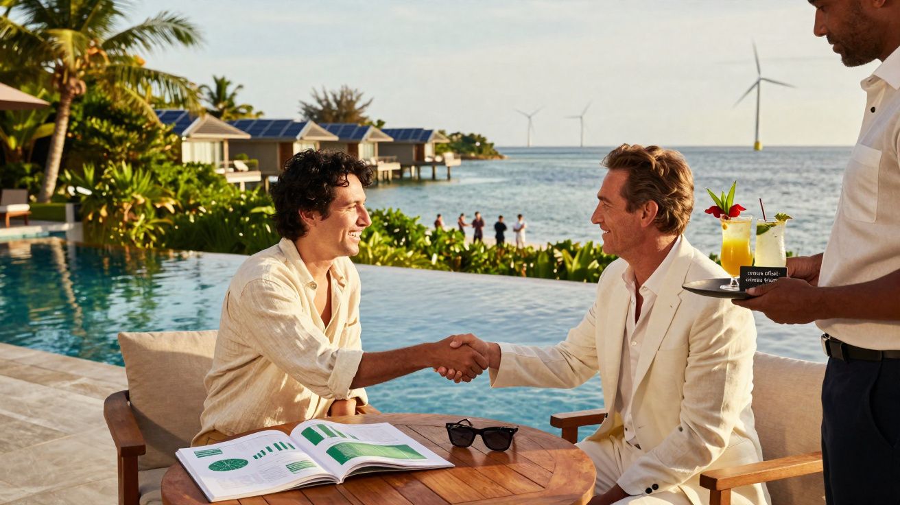 Dois homens a apertar mãos na mesa junto à piscina, com bebidas e roupa formal, num ambiente tropical.