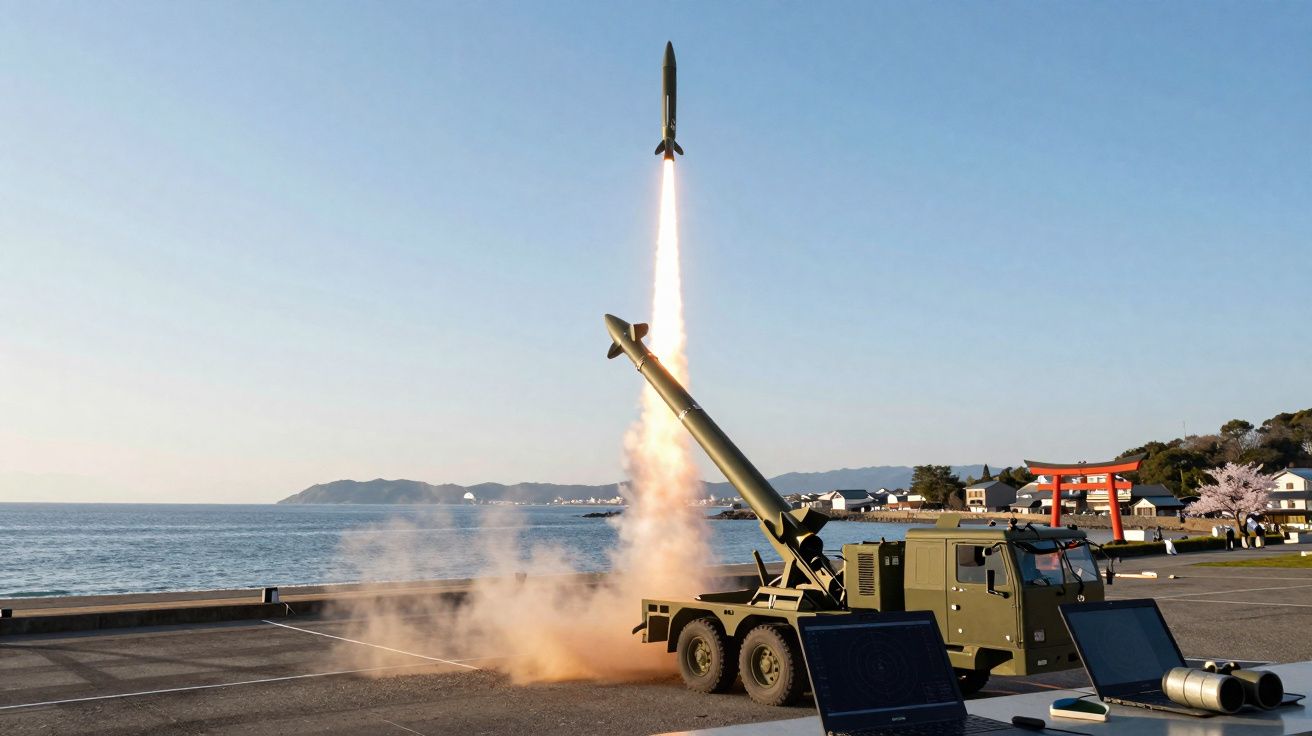 Lançamento de míssil a partir de veículo militar junto ao mar, com aldeia e montanhas ao fundo.