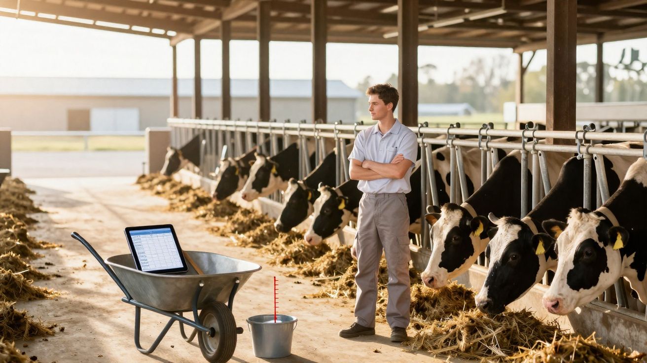 Homem de pé numa vacaria, rodeado por vacas e com uma carriola e um balde à frente.