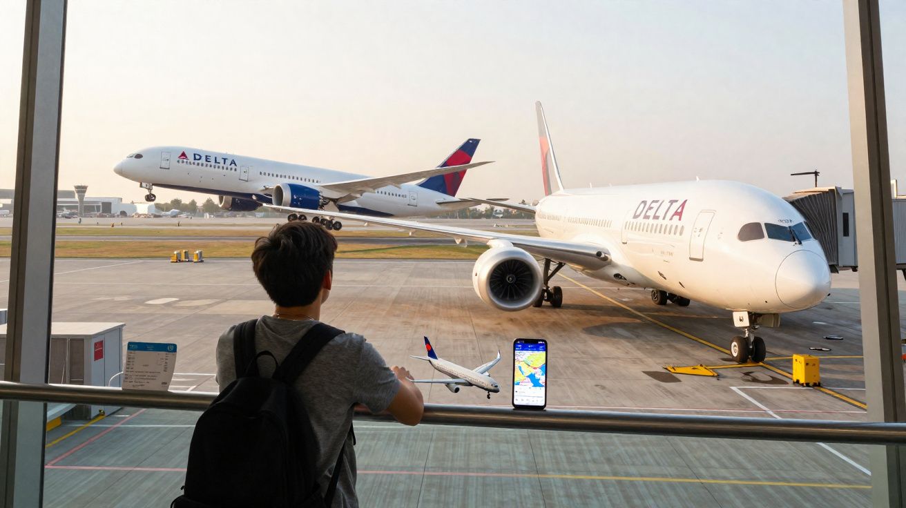 Passageiro com mochila observa aviões da Delta no aeroporto através de janela grande ao entardecer.