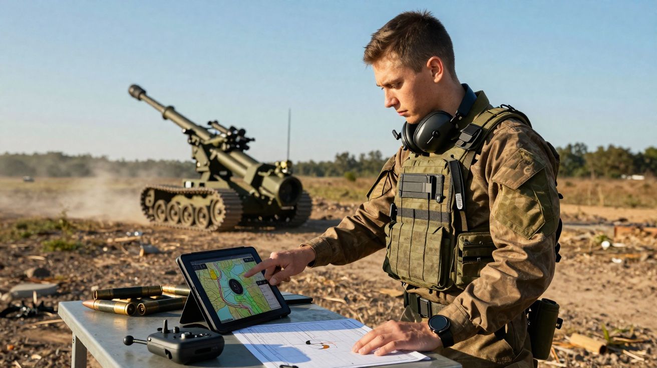 Militar a operar tablet com mapa digital perto de artilharia robotizada em campo aberto.